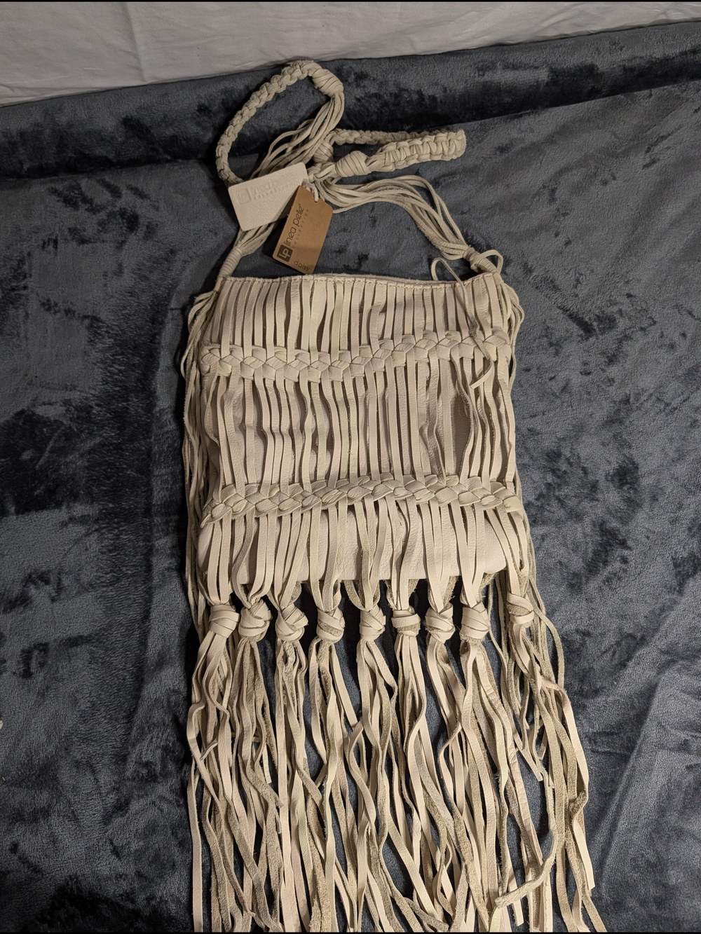 Linea Pelle Cream Fringe Shoulder Bag with Braided Straps